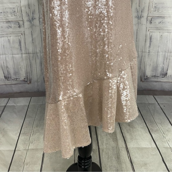 Eliza J Size 18 Blush Pink Sequin Asymmetric Ruffle Hem Short Sleeve Dress NEW - Picture 3 of 11